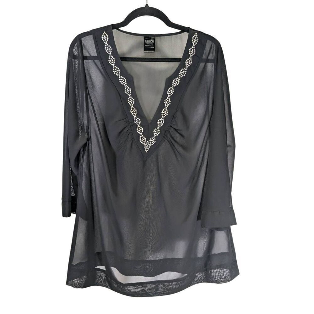 Catalina Black Studded Sheer Tunic Top Beach Swim Cover Up Women Plus Size 1X 16